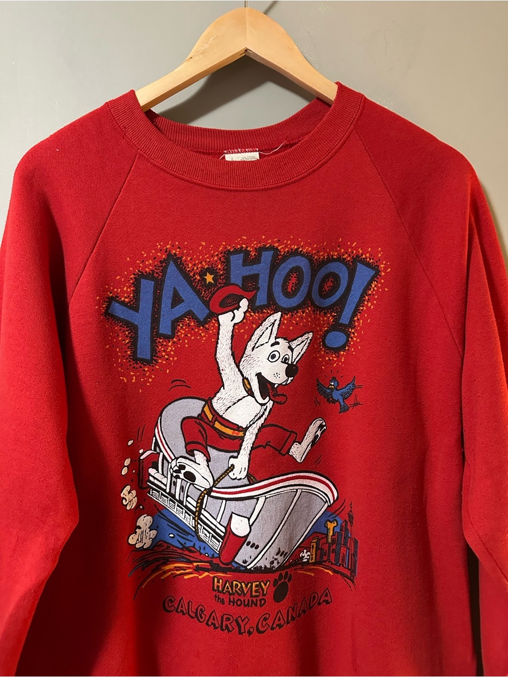 Vintage Calgary Fruit of the Loom Red Graphic Crewneck Sweatshirt Made in USA - Picture 2 of 4